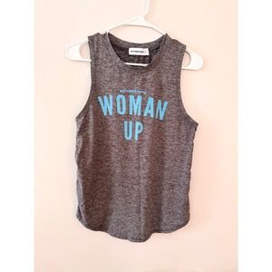 Burn Boot Camp Woman Up Graphic Muscle Tank Top Grey Blue Small